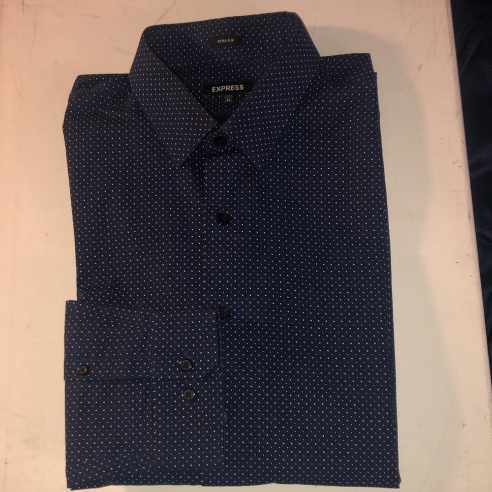NWOT Express Extra Slim Dot Print Stretch Cotton 1MX Dress Shirt
